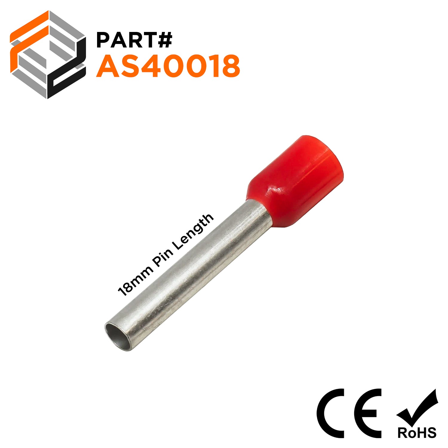 AS40018RD - 12 AWG Insulated Wire Ferrules, 18mm Pin, Red, 500 Pieces