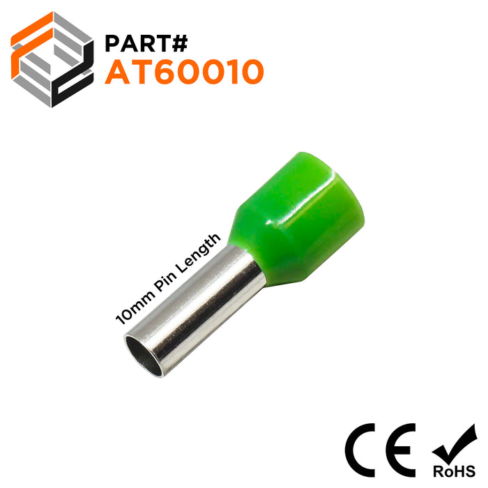 AT60010 - 10 AWG Insulated Wire Ferrules, 10mm Pin, Green, 100 Pieces