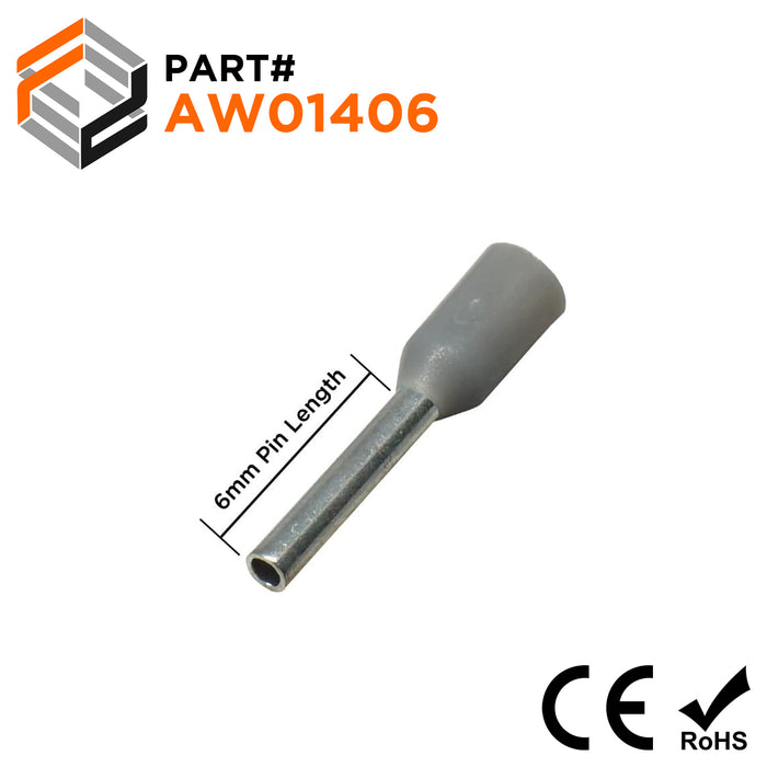 AW01406 - 26 AWG Insulated Wire Ferrules, 6mm Pin, Gray, 500 Pieces