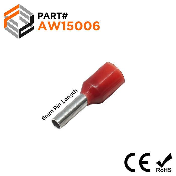 AW15006 - 16 AWG Insulated Wire Ferrules, 6mm Pin, Red, 500 Pieces