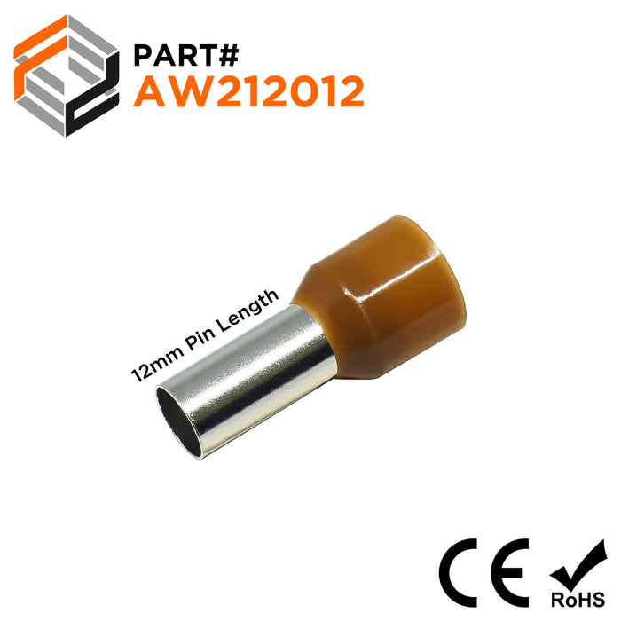 AW212012 - 4 AWG (Small Diameter) Insulated Wire Ferrules, 12mm Pin, Brown, 100 Pieces