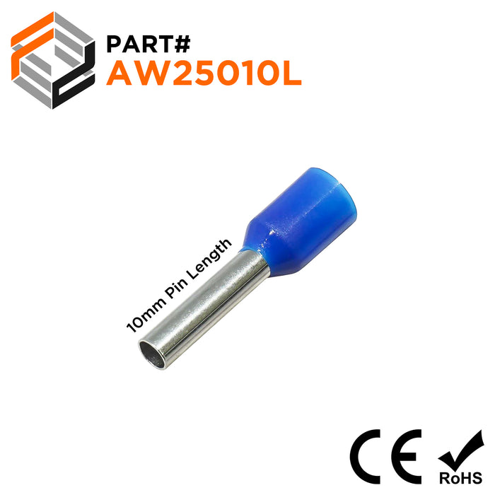 AW25010L - 14 AWG Insulated Wire Ferrules, 10mm Pin, Blue, Wide Collar, 500 Pieces