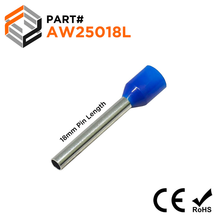 AW25018L - 14 AWG Insulated Wire Ferrules, 18mm Pin, Blue, Wide Collar, 500 Pieces