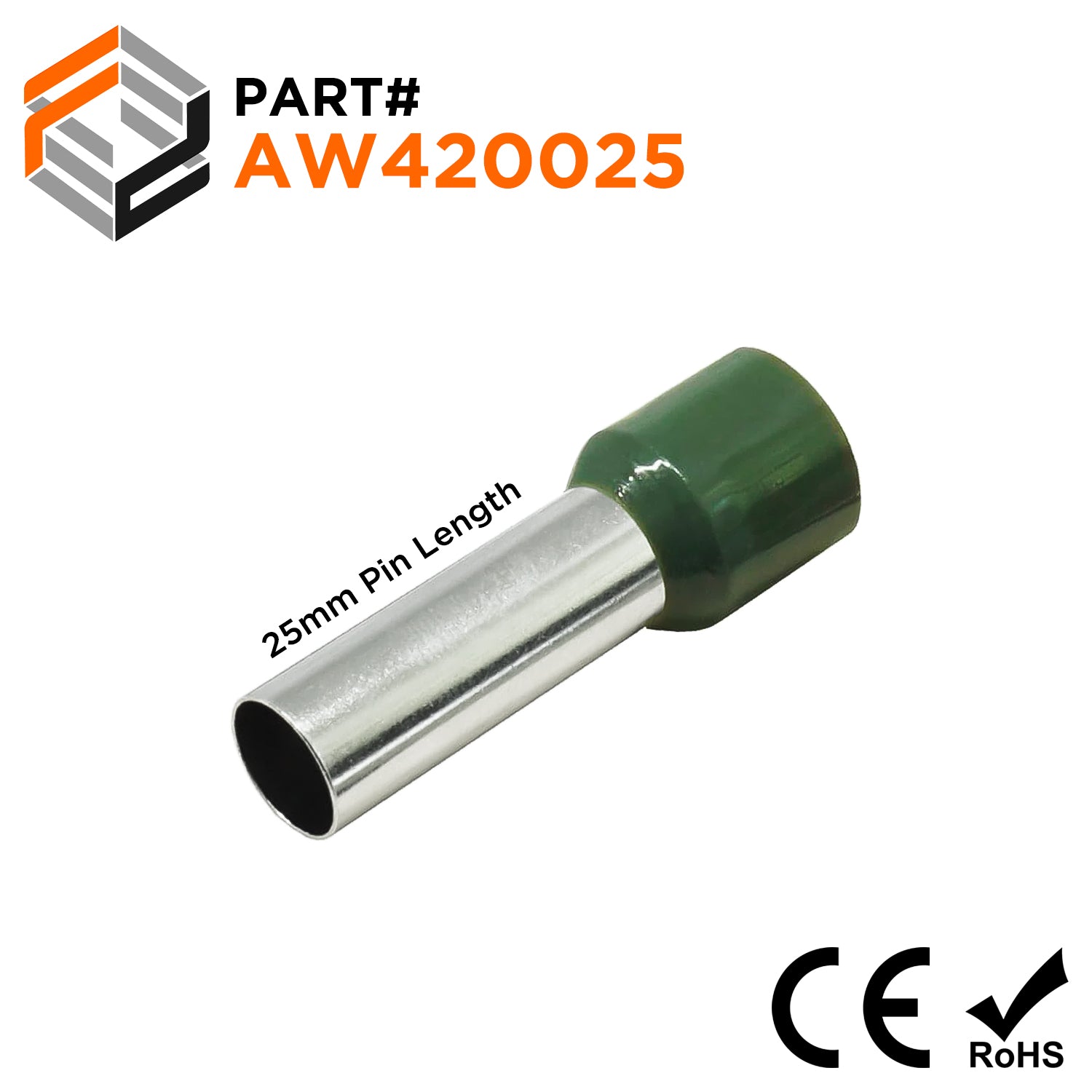 AW420025 - 1 AWG (Small Diameter) Insulated Wire Ferrules, 25mm Pin, Olive Green, 50 Pieces