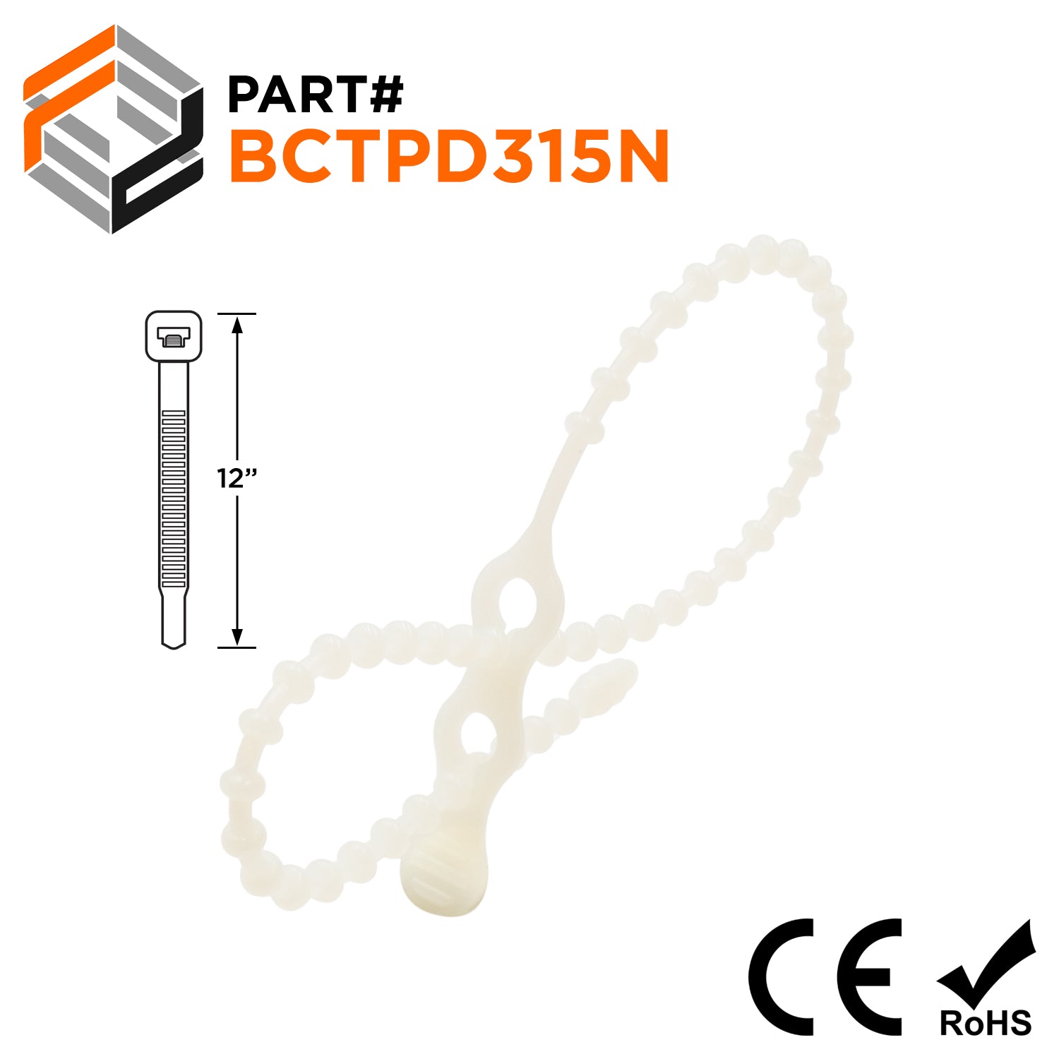 BCTPD315N - 12" Standard Double Loop Beaded Polyethylene Reusable Cable Ties, 35-lb Tensile Strength, Natural, 100-Pack