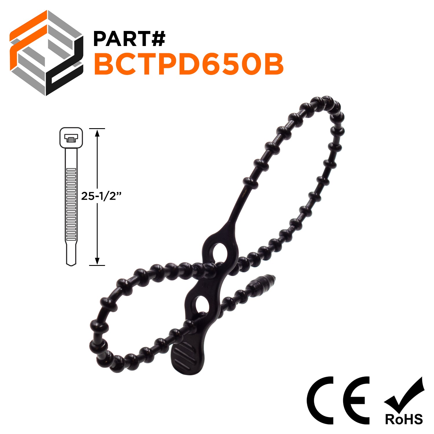 BCTPD650B - 25-1/2" Standard Double Loop Beaded Polyethylene Reusable Cable Ties, 80-lb Tensile Strength, Black, UV Resistant, 100-Pack