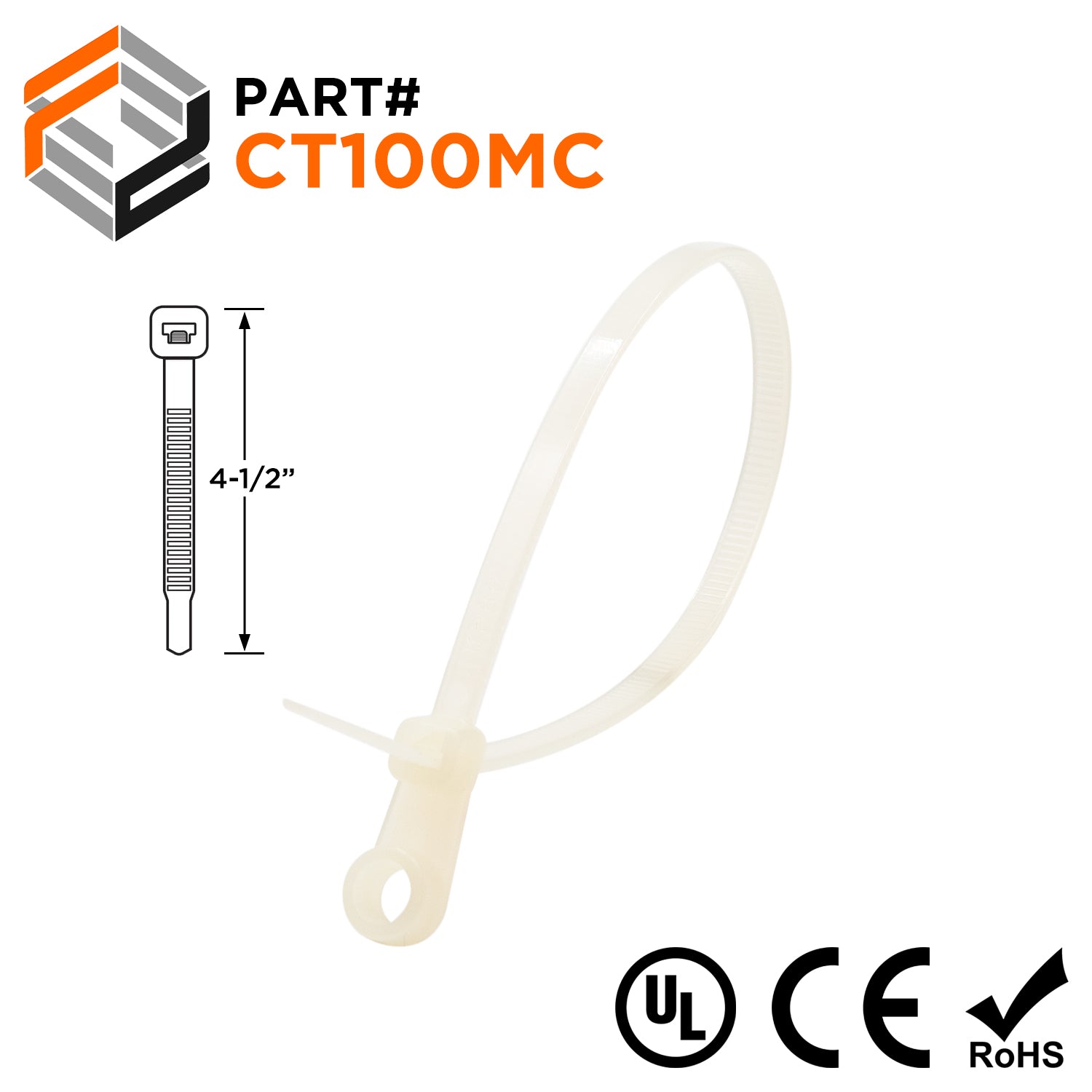 CT100MC - 4-1/2" Screw Mount Nylon Cable Ties, 18-lb Tensile Strength, Natural, UL Recognized, 100-Pack