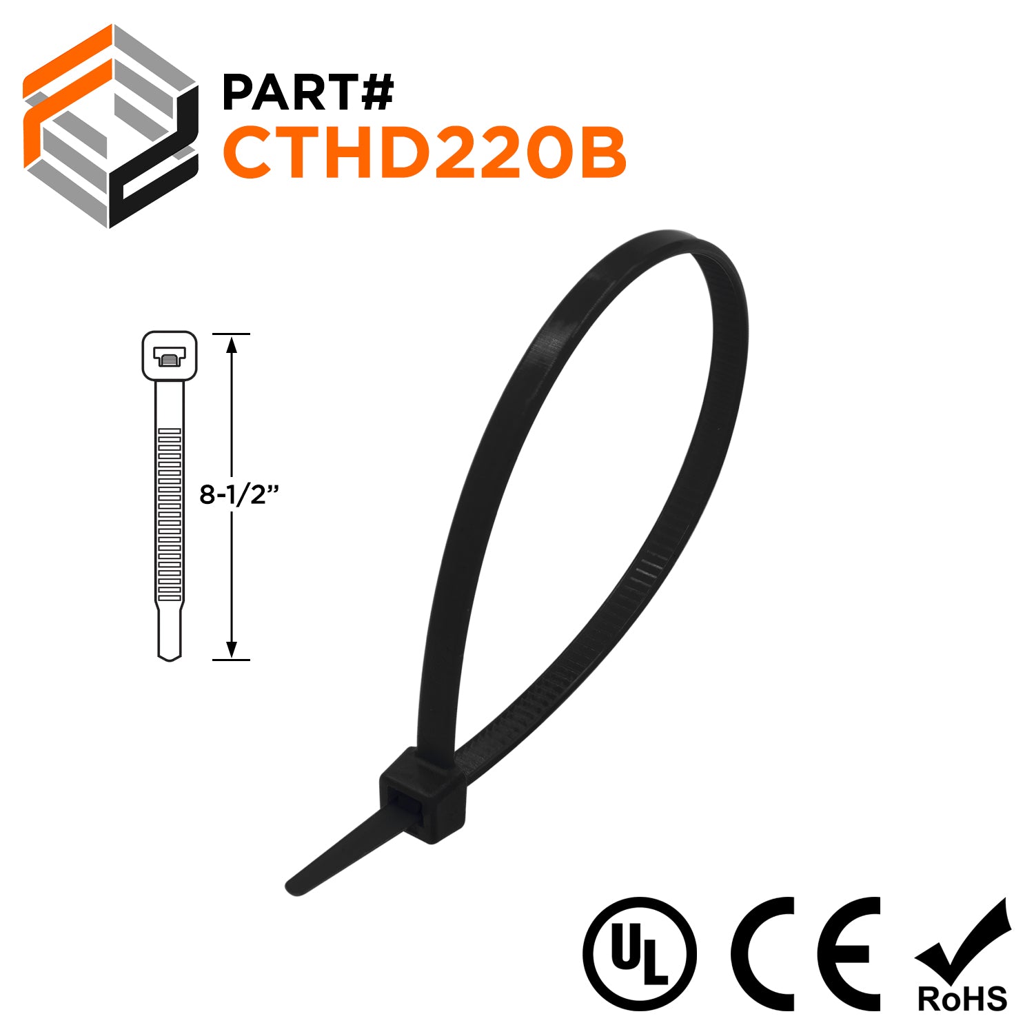 CTHD220B - 8-1/2" Light Heavy Duty Cable Ties, 120-lb Tensile Strength, Black, UV Resistant, UL Recognized, 100-Pack