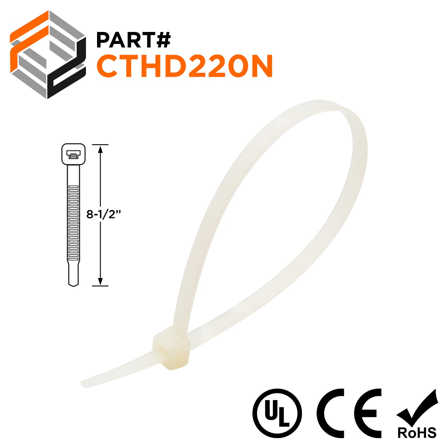 CTHD220N - 8-1/2" Light Heavy Duty Cable Ties, 120-lb Tensile Strength, Natural, UL Recognized, 100-Pack