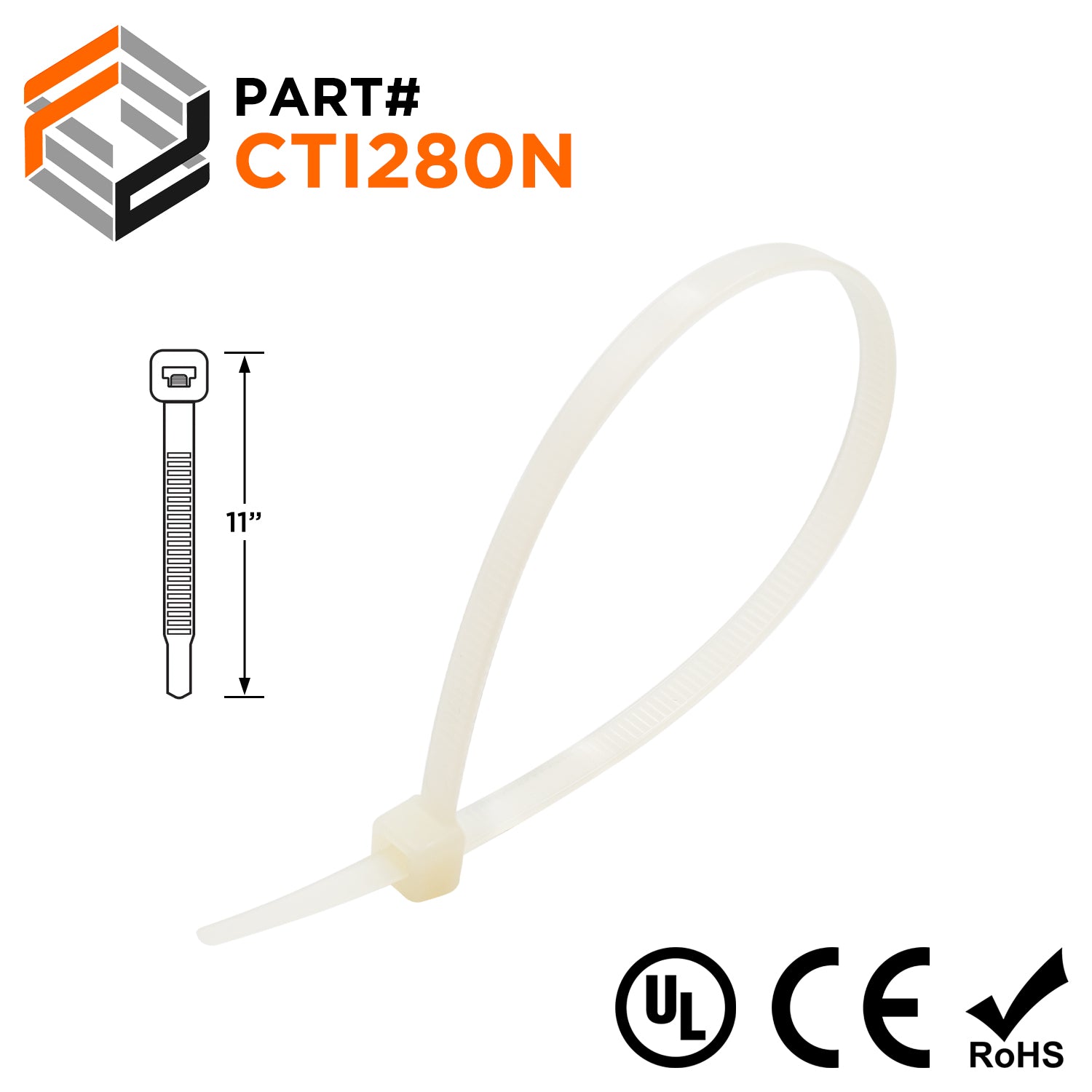 CTI280N - 11" Intermediate Cable Ties, 40-lb Tensile Strength, Natural, UL Recognized, 100-Pack