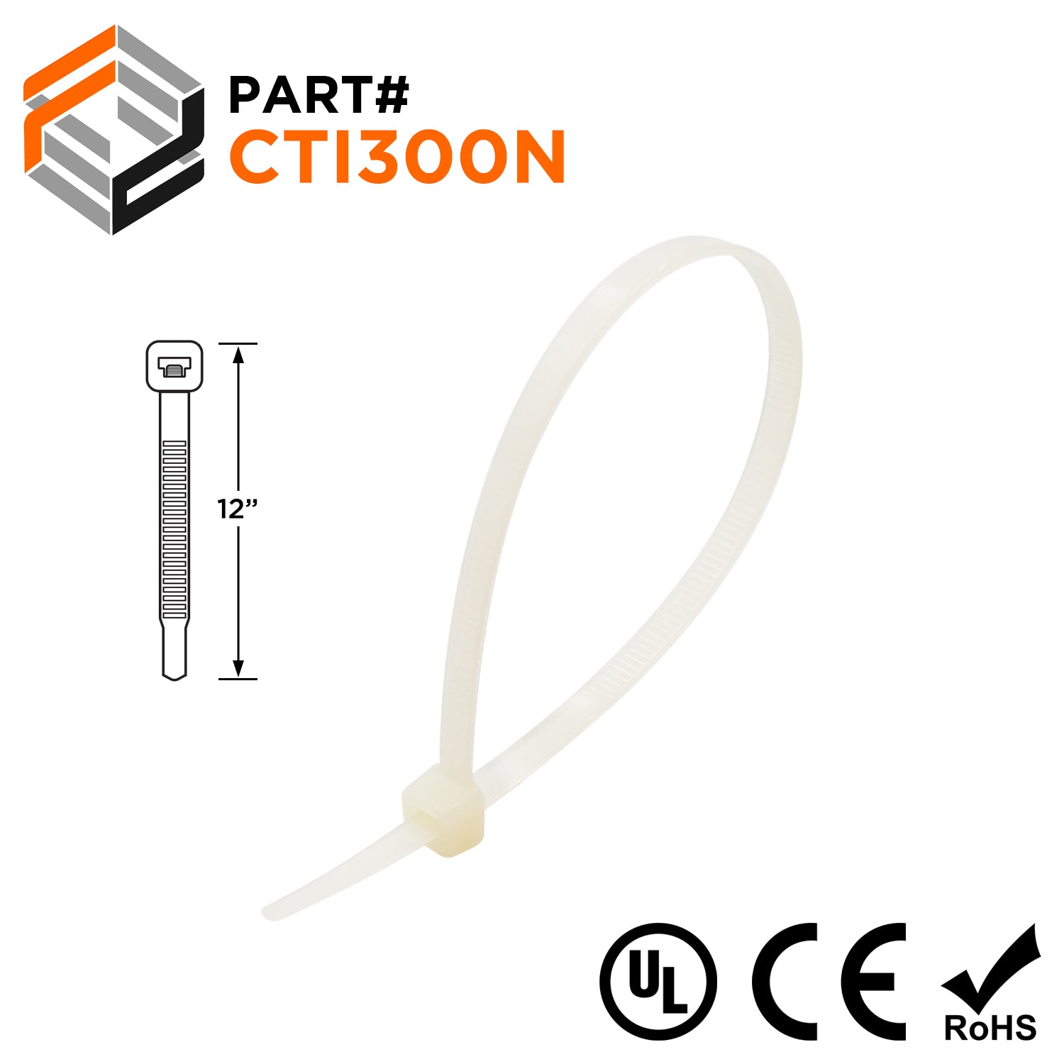 CTI300N - 12" Intermediate Cable Ties, 40-lb Tensile Strength, Natural, UL Recognized, 100-Pack