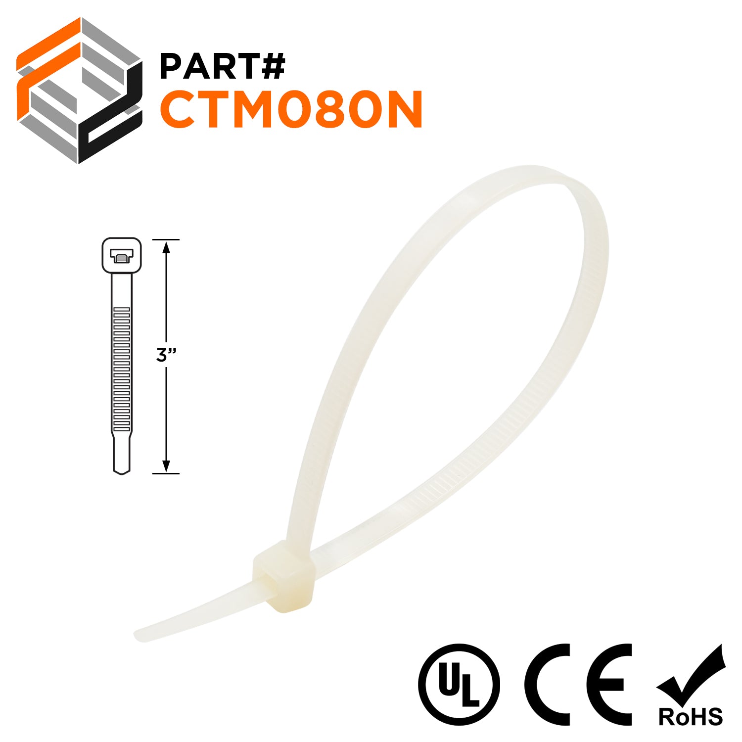 CTM080N - 3" Miniature Cable Ties, 18-lb Tensile Strength, Natural, UL Recognized, 100-Pack