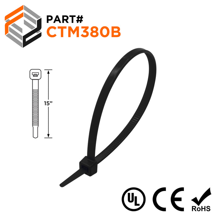 CTM380B - 15" Miniature Cable Ties, 18-lb Tensile Strength, Black, UV Resistant, UL Recognized, 100-Pack