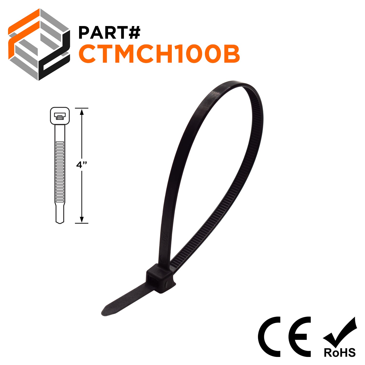 CTMCH100B - 4" Miniature Clamp Head Cable Ties, 18-lb Tensile Strength, Black, UV Resistant, 100-Pack