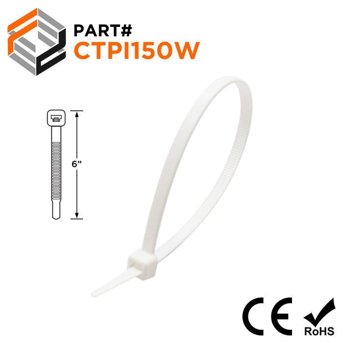 CTPI150W - 6" Polypropylene Intermediate Cable Ties, 18-lb Tensile Strength, White, 100-Pack