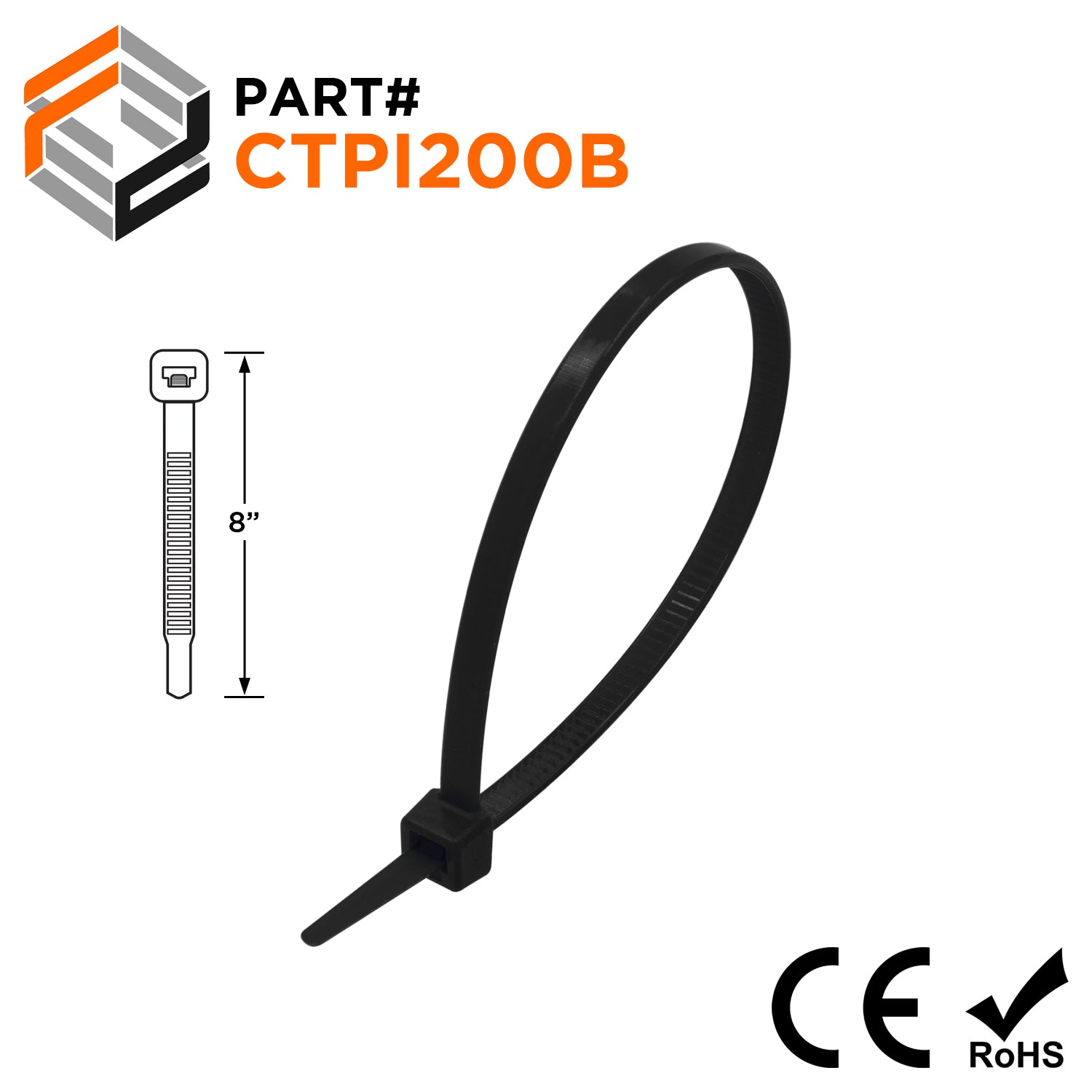 CTPI200B - 8" Polypropylene Intermediate Cable Ties, 18-lb Tensile Strength, Black, 100-Pack