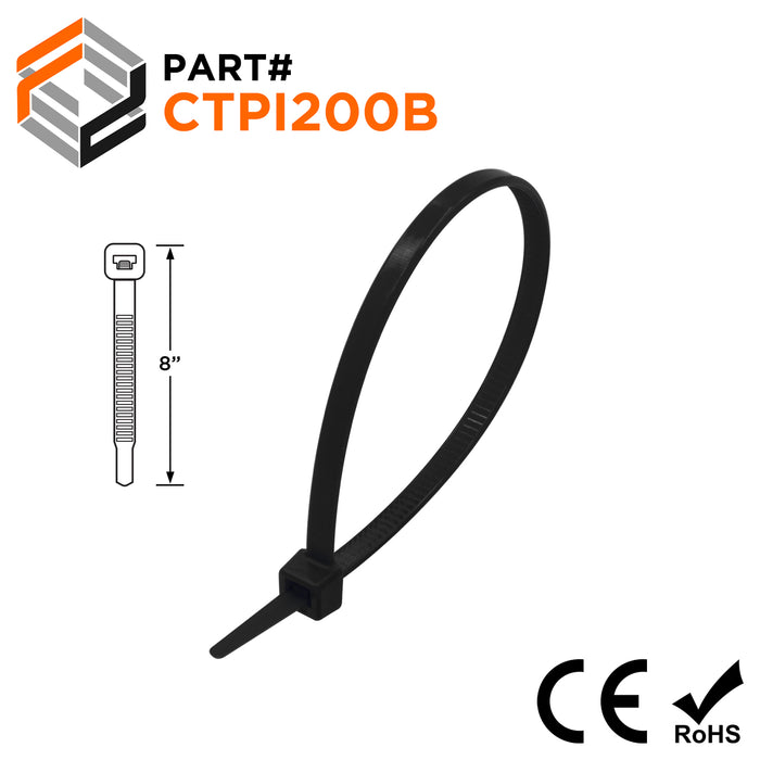 CTPI200B - 8" Polypropylene Intermediate Cable Ties, 18-lb Tensile Strength, Black, 100-Pack