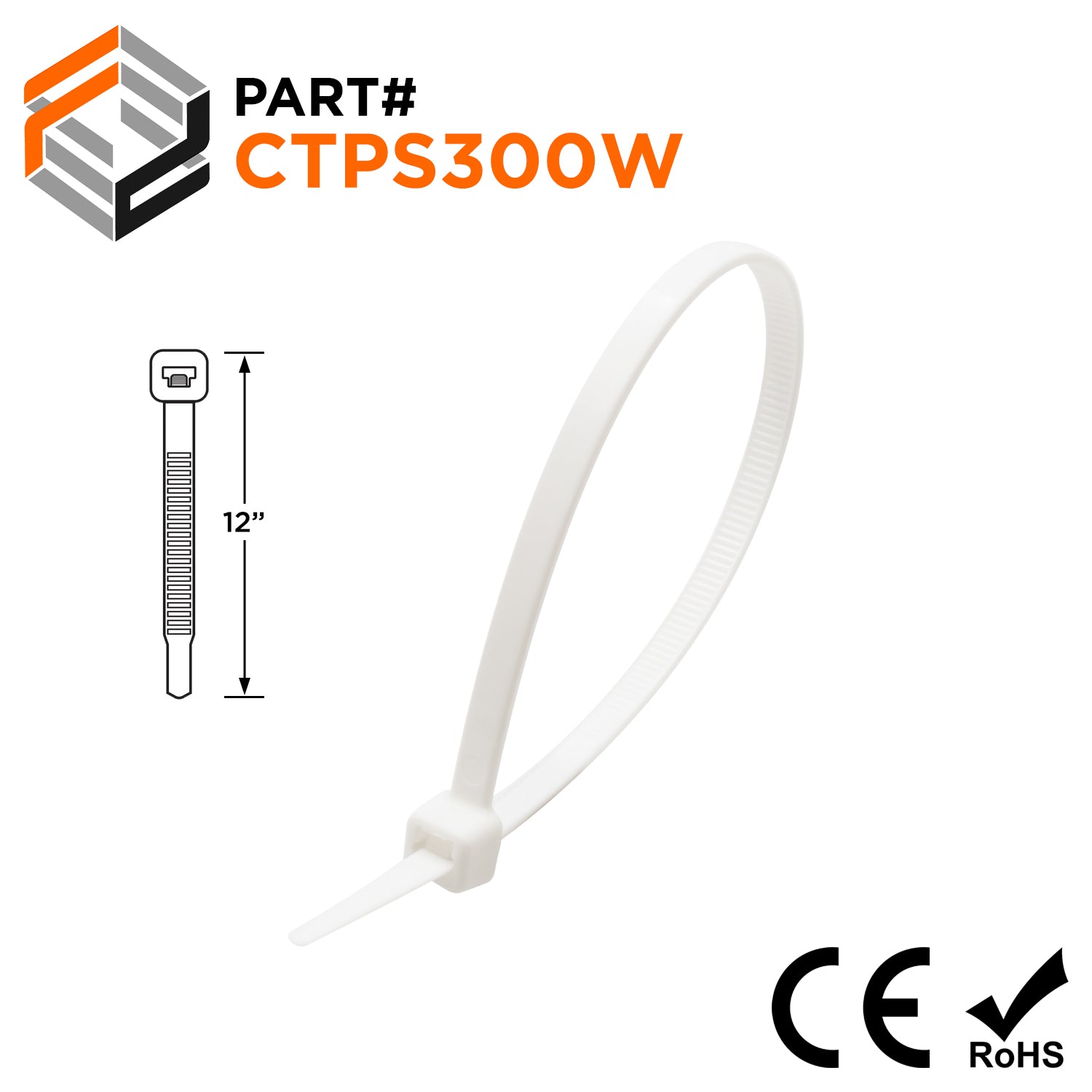 CTPS300W - 12" Polypropylene Standard Cable Ties, 30-lb Tensile Strength, White, 100-Pack