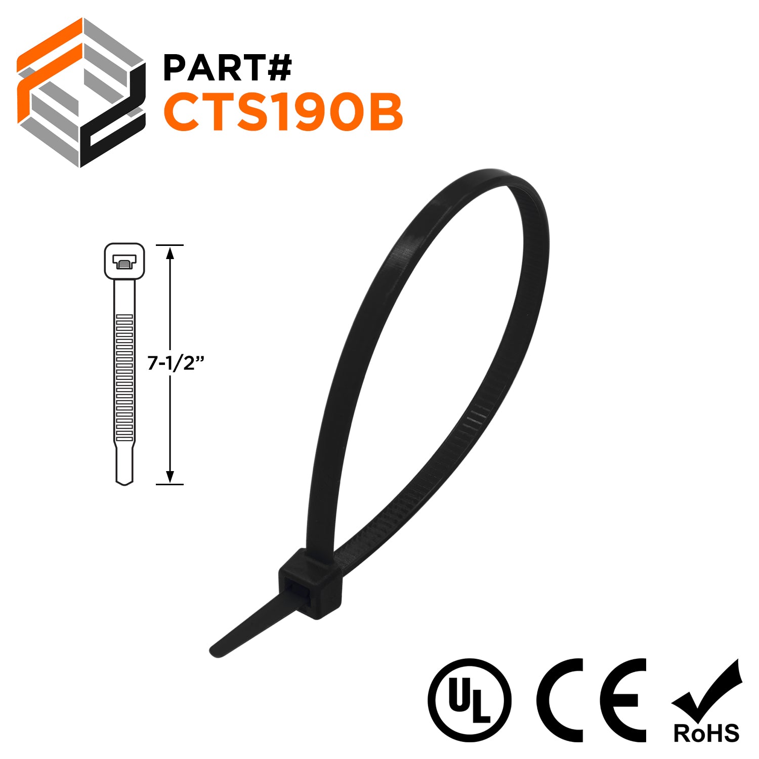 CTS190B - 7-1/2" Standard Cable Ties, 50-lb Tensile Strength, Black, UV Resistant, UL Recognized, 100-Pack