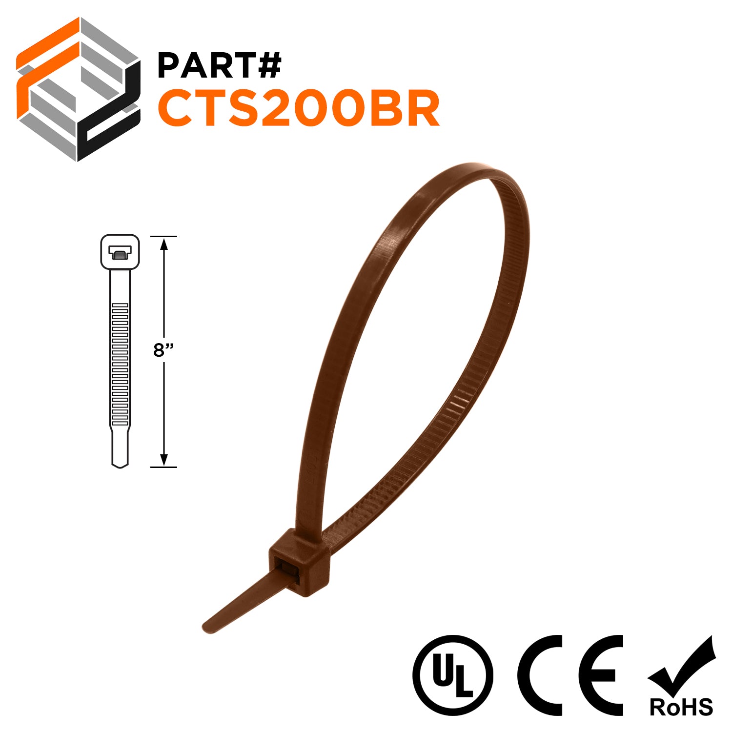 CTS200BR - 8" Standard Cable Ties, 50-lb Tensile Strength, Brown, UL Recognized, 100-Pack