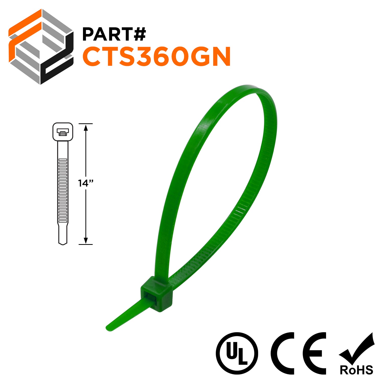 CTS360GN - 14" Standard Cable Ties, 50-lb Tensile Strength, Green, UL Recognized, 100-Pack