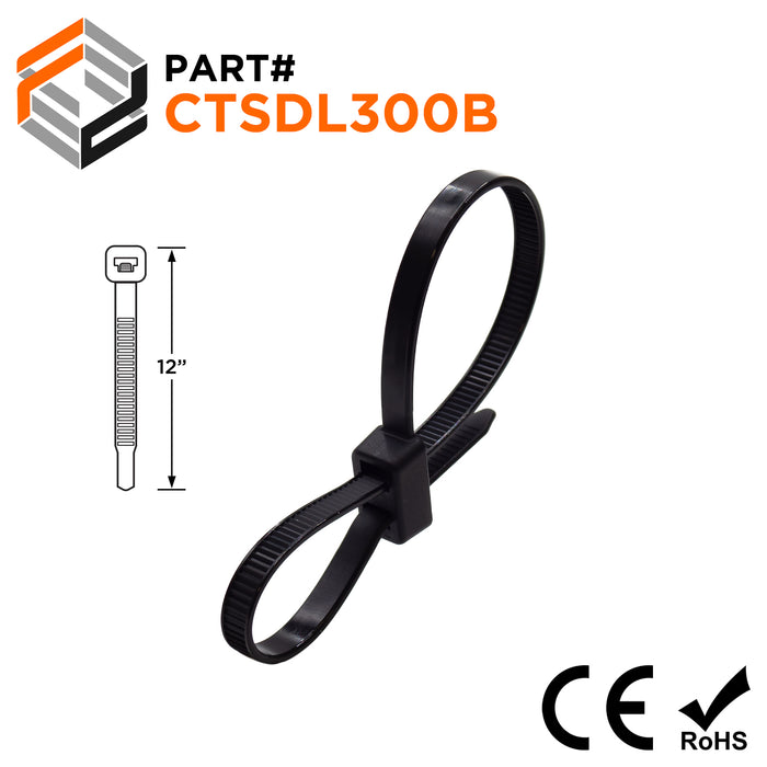 12" Double Loop Cable Ties, Double Lock, 50-lb Tensile Strength, Black, 100-Pack - CTSDL300B