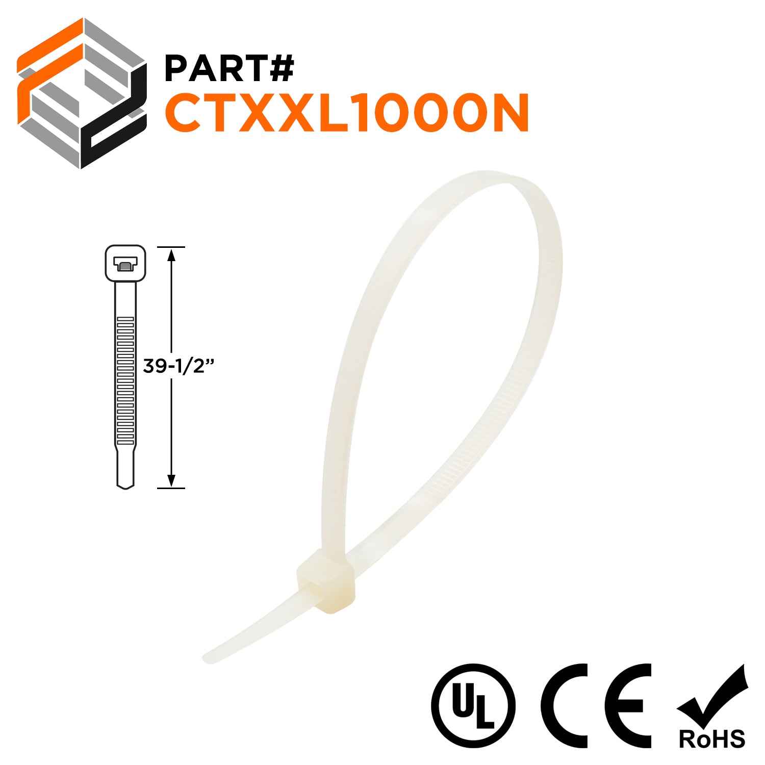 CTXXL1000N - 39-1/2" XXL Heavy Duty Cable Ties, 250-lb Tensile Strength, Natural, UL Recognized, 100-Pack