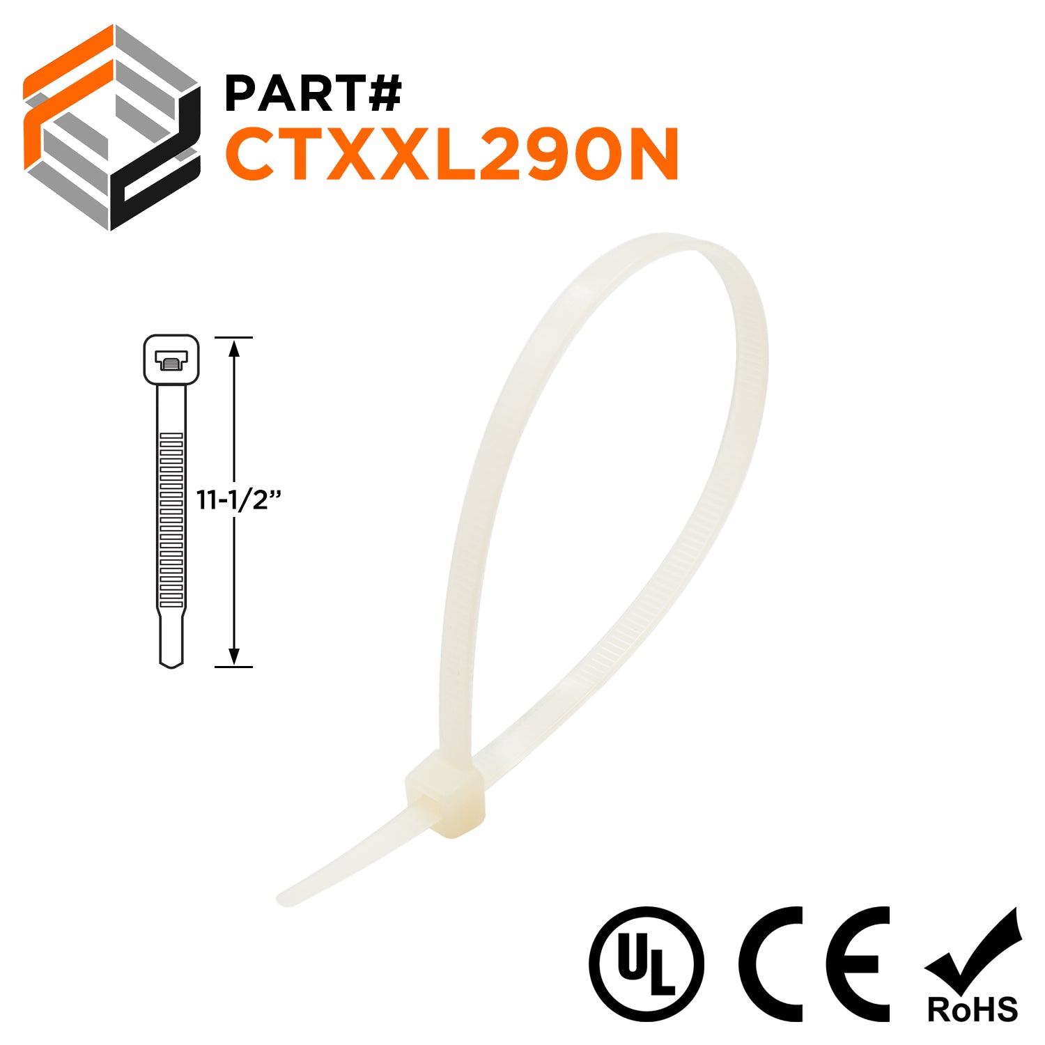 CTXXL290N - 11-1/2" XXL Heavy Duty Cable Ties, 250-lb Tensile Strength, Natural, UL Recognized, 100-Pack