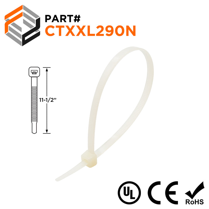 CTXXL290N - 11-1/2" XXL Heavy Duty Cable Ties, 250-lb Tensile Strength, Natural, UL Recognized, 100-Pack