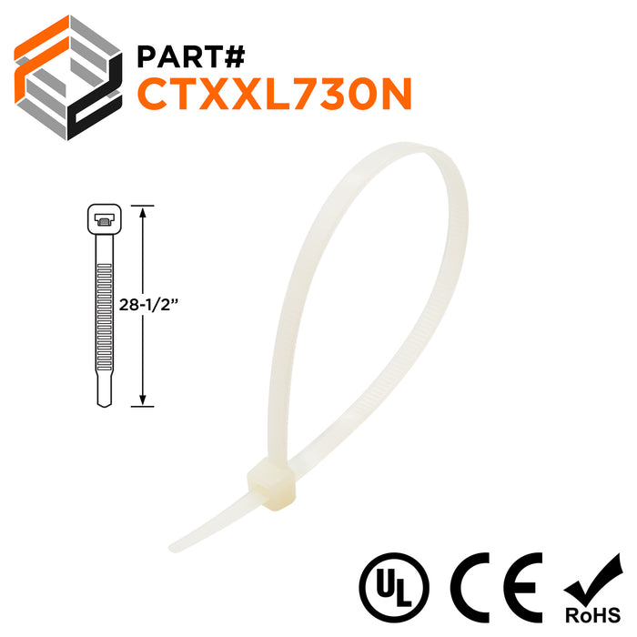 CTXXL730N - 28-1/2" XXL Heavy Duty Cable Ties, 250-lb Tensile Strength, Natural, UL Recognized, 100-Pack