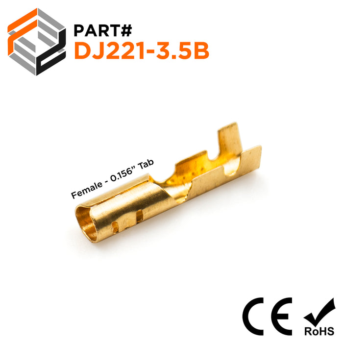 18 to 16 AWG Bullet Connectors, Female, Brass, Open Barrel, 0.156" Tab, 100 Pieces - DJ221-3.5B - Ferrules Direct