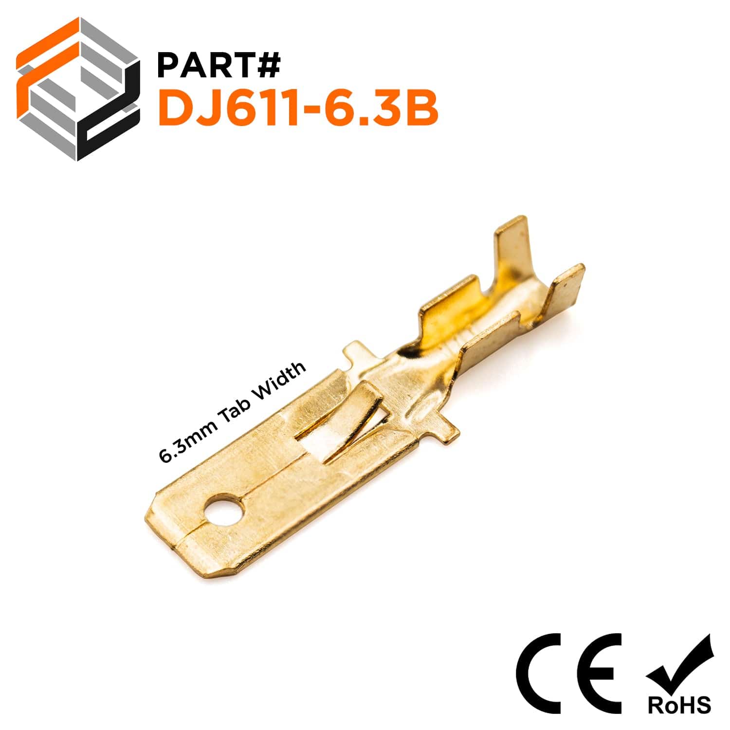 18-16 AWG Quick Disconnects, Male, Lock Tab, NEMA Tab: 6.3, Brass, Open  Barrel, 100 Pieces - DJ611-6.3B