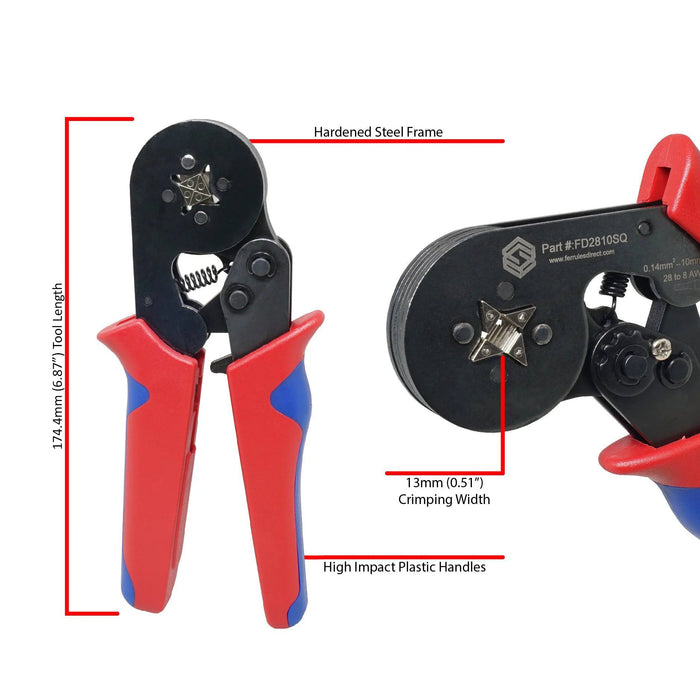 28 to 10 AWG Wire Ferrules Crimping Tool, Self-Adjusting Ratchet, Square Profile - FD2810SQ