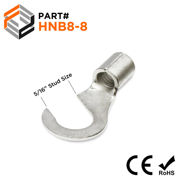 8 AWG Non Insulated Hook Terminals, 5/16 Stud, Brazed Seam