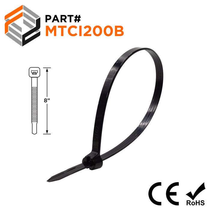 MTCI200B - 8" Metal Tooth Intermediate Cable Ties, 40-lb Tensile Strength, Black, UV Resistant, 100-Pack