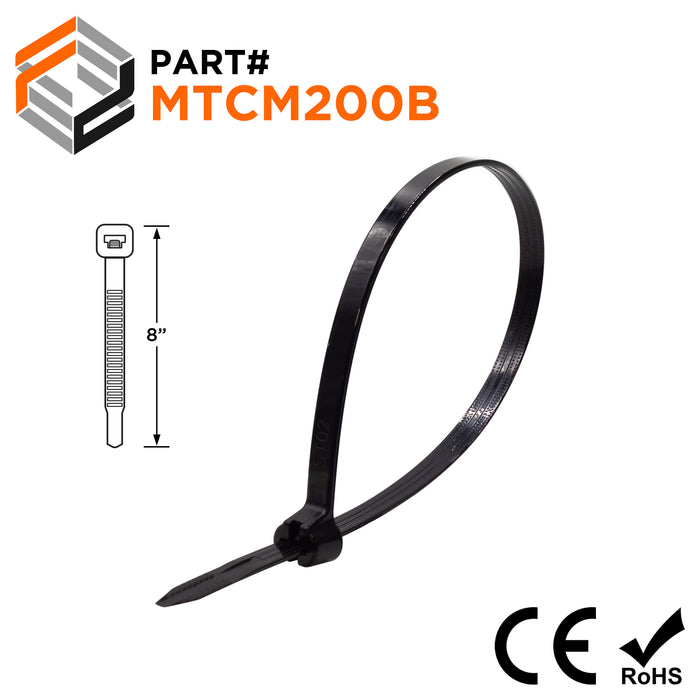 MTCM200B - 8" Metal Tooth Miniature Cable Ties, 18-lb Tensile Strength, Black, UV Resistant, 100-Pack