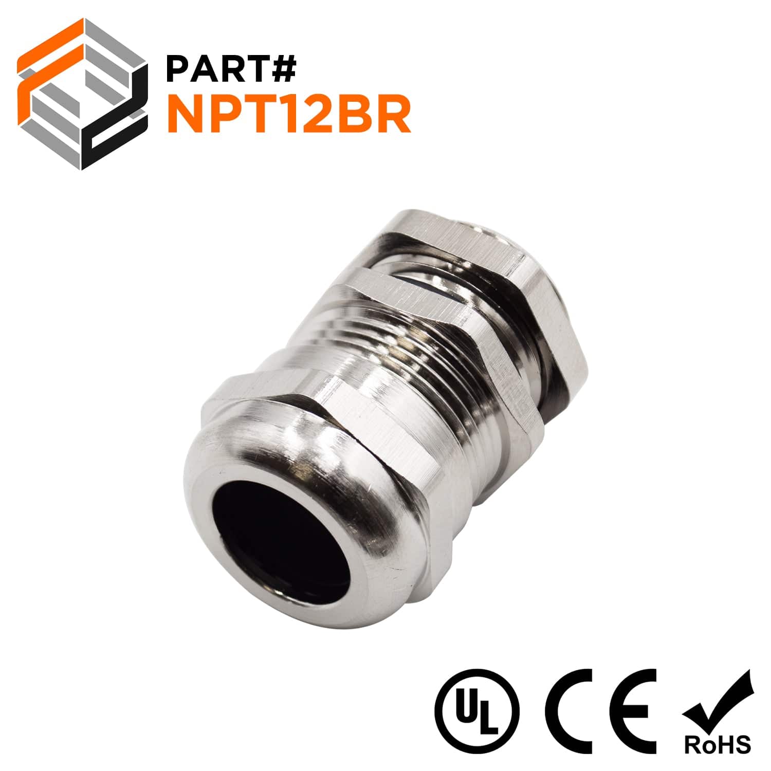 1/2" NPT Thread Nickel Plated Brass Cable Gland w/ Nut, IP68, 10-14mm Range, UL Approved - NPT12BR - Ferrules Direct