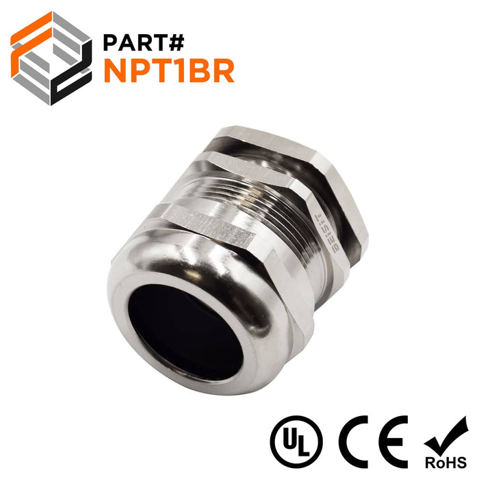 1" NPT Thread Nickel Plated Brass Cable Gland w/ Nut, IP68, 18-25mm Range, UL Approved - NPT1BR - Ferrules Direct