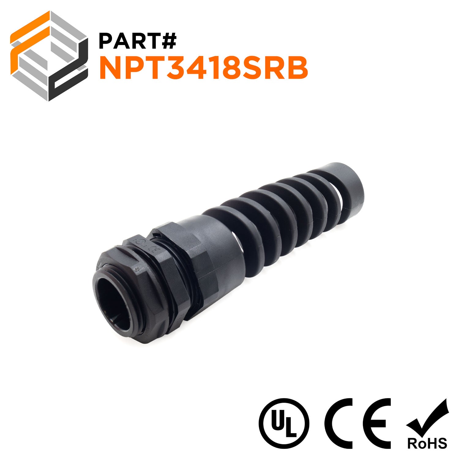 3/4" NPT Thread Nylon Flexible Cable Gland, Black, Range: 1/2" to 11/16", UL Recognized, IP68 - NPT3418SRB - Ferrules Direct