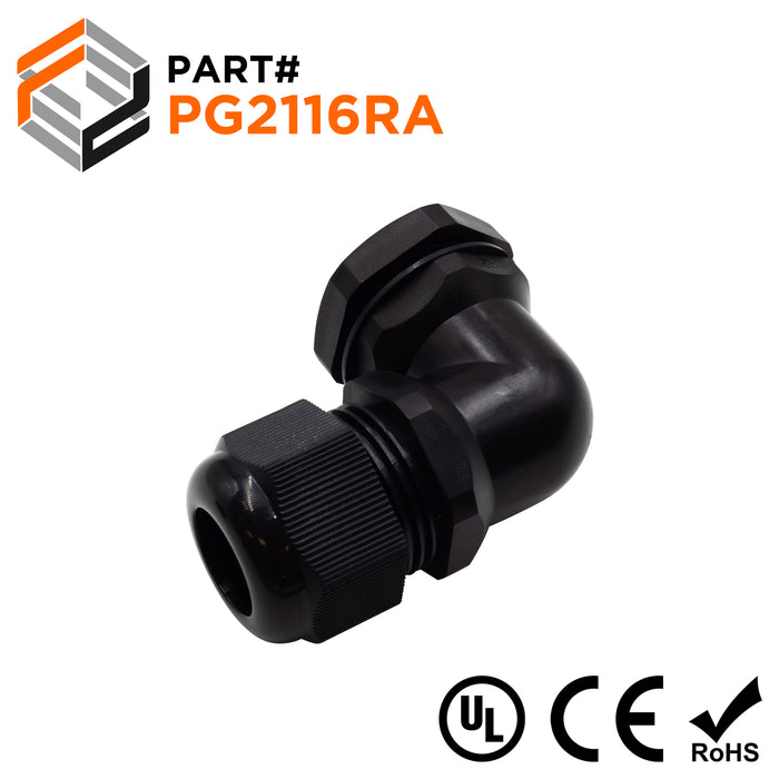 PG21 Right Angle Cable Gland, Black, IP68, 9-16mm Range, UL Recognized - PG2116RA - Ferrules Direct