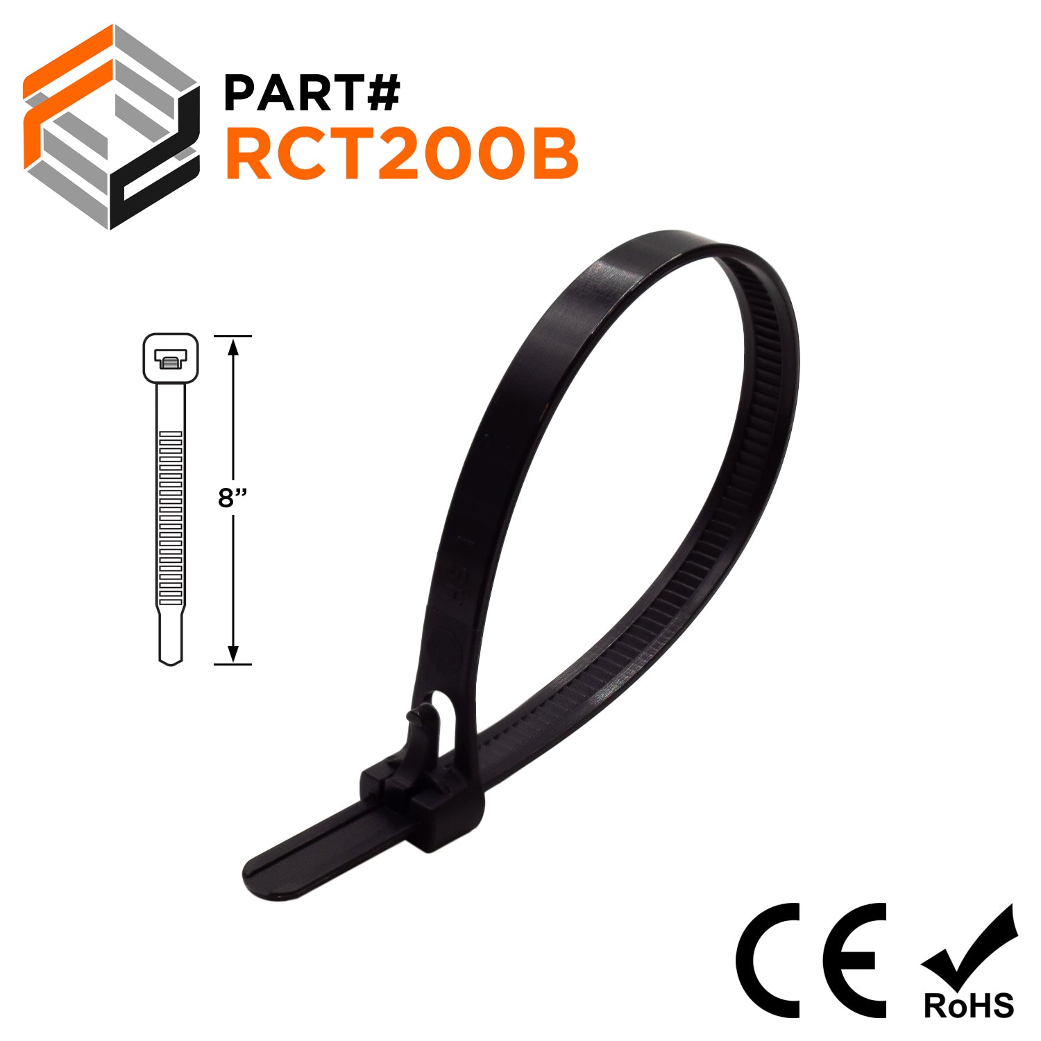 RCT200B - 8" Reusable Cable Ties, 50-lb Tensile, Trigger Release, Black, UV Resistant, UL Recognized, 100-Pack