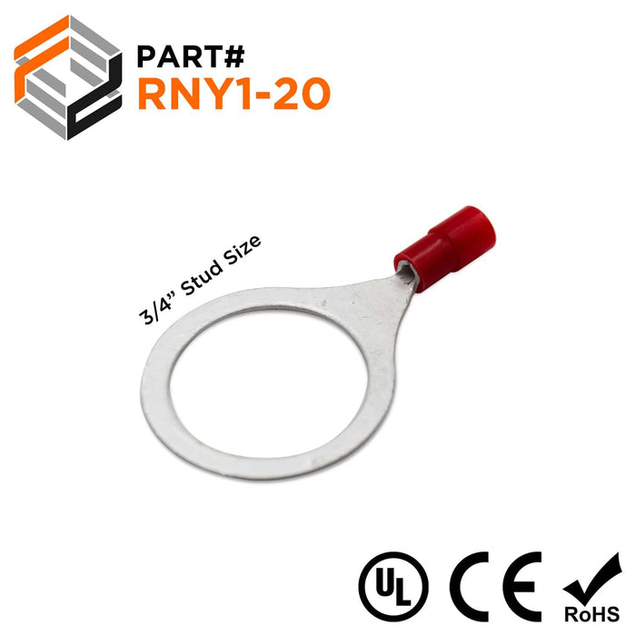 RNY1-20 Nylon Ring Terminals - Standard Crimp 22-16AWG - Stud 3/4" - Ferrules Direct