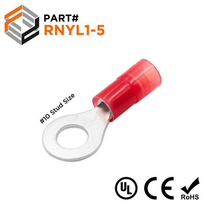 RNYL1-5 Nylon Ring Terminals - Standard Crimp 22-16AWG - Stud #10 - Ferrules Direct