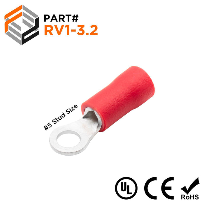RV1-3.2 - Insulated Ring Terminal - Butted Seam - 22-16 AWG - #5 Stud - Ferrules Direct