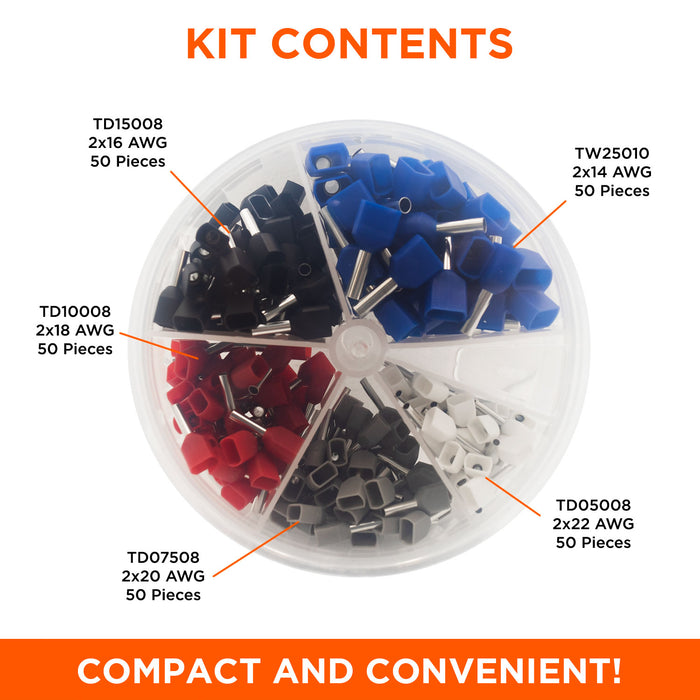 22 to 14 AWG Insulated Twin Wire Ferrules Mini Kit, 250 Pieces, Series D - SK2214TD - Ferrules Direct