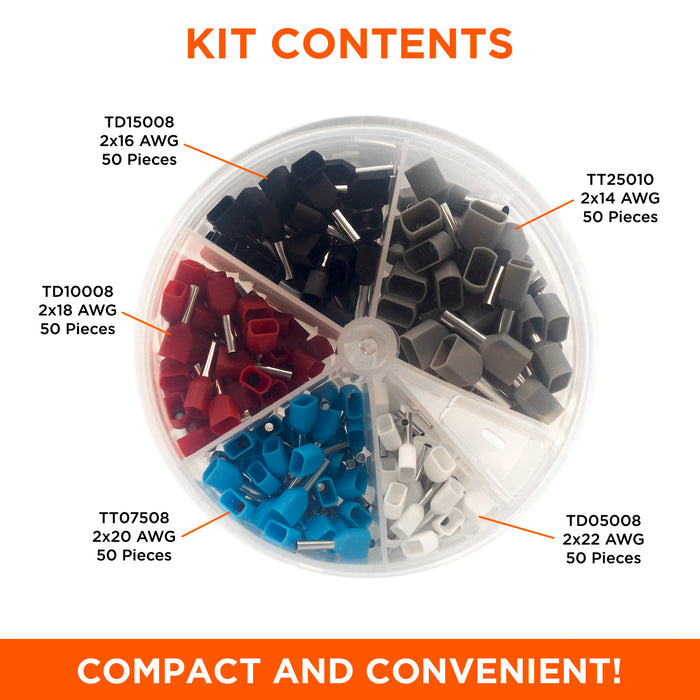 22 To 14 Awg Insulated Twin Wire Ferrules Mini Kit 250 Pieces Series