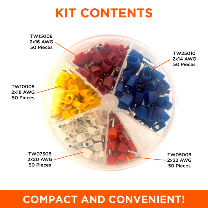 22 to 14 AWG Insulated Twin Wire Ferrules Mini Kit, 250 Pieces, Series W - SK2214TW - Ferrules Direct