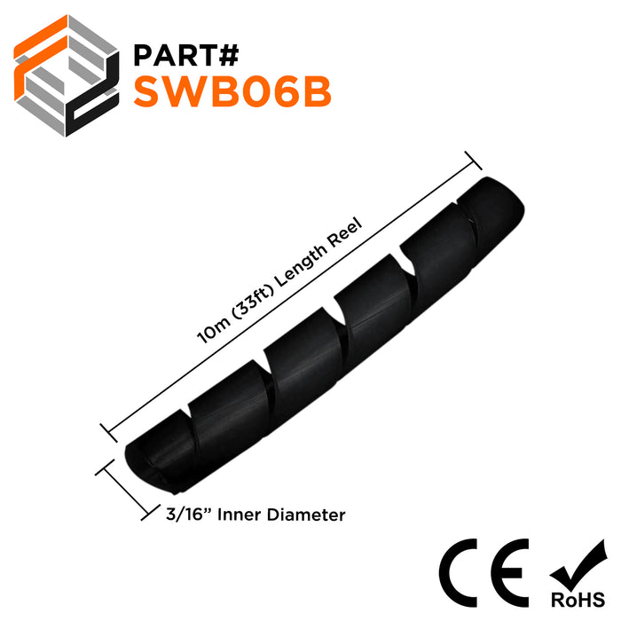 3/16" Polyethylene Spiral Wrap Tubing, Cable Wrap, Black, 33-ft Bundle - SWB06B - Ferrules Direct