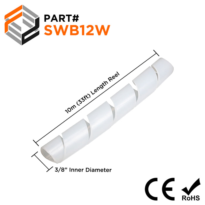 3/8" Polyethylene Spiral Wrap Tubing, Cable Wrap, White, 33-ft Bundle - SWB12W - Ferrules Direct