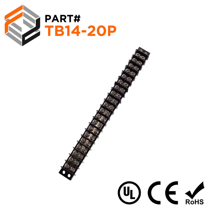 Barrier Strip Terminal Block, Terminal Strip, 20 Pole, Double Row, 15A, 300V, UL Approved - TB14-20P